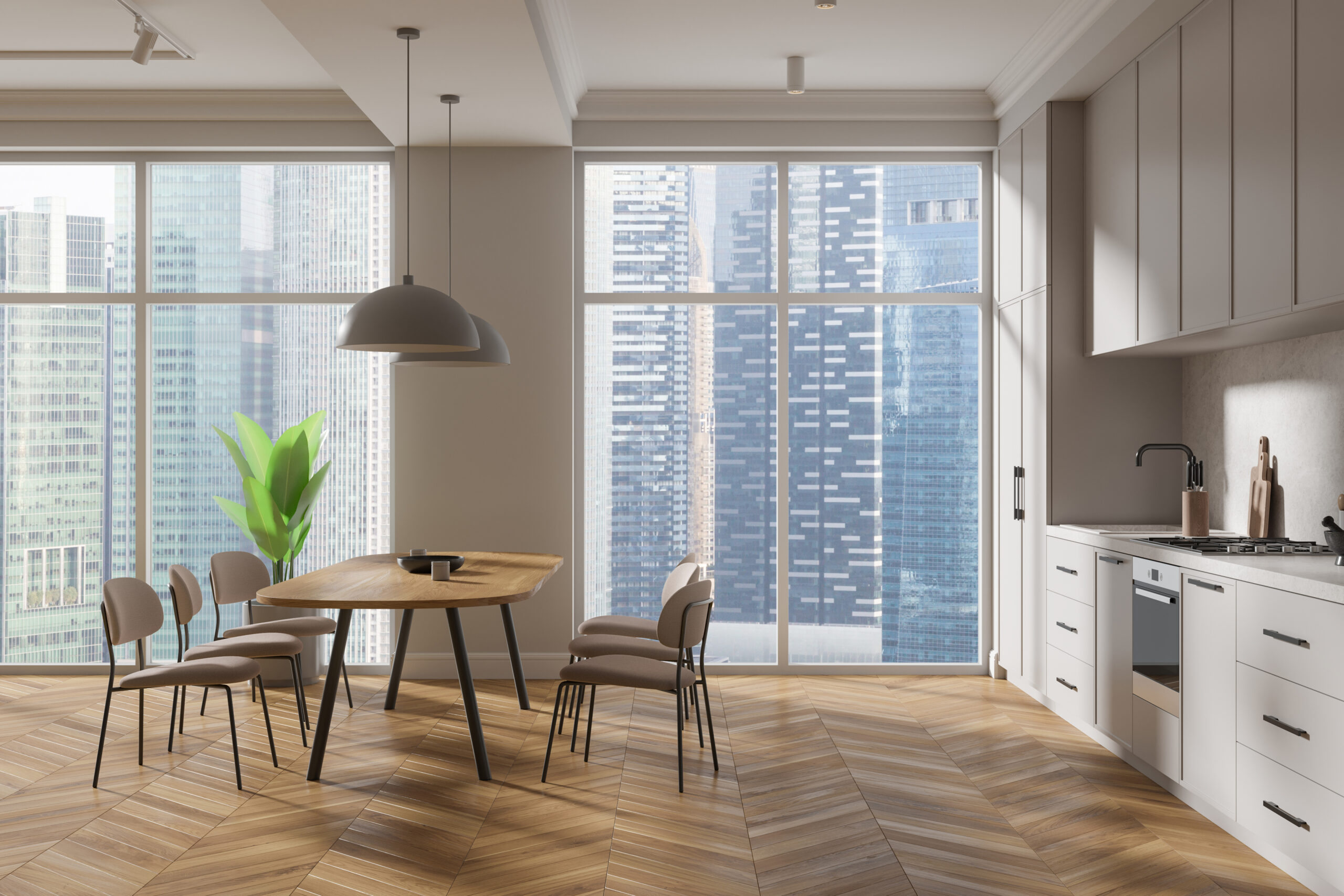 Cozy home kitchen interior with eating table and chairs, hardwood floor. Stylish cooking space with cabinet, panoramic window on Singapore skyscrapers. 3D rendering